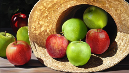 Green and red apples in a straw hat on a wooden table.の写真素材