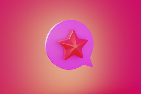 3d rendering of a red star in a speech bubble on a pink backgroundの写真素材
