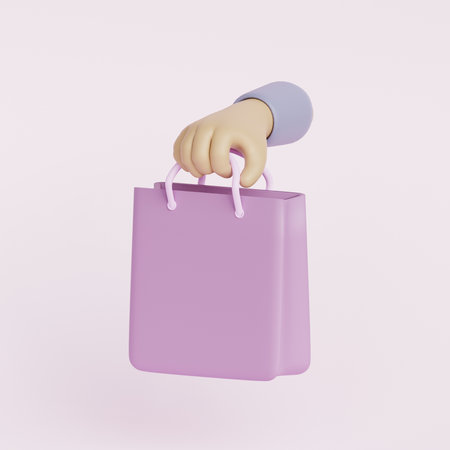 3d hand holding shopping bag icon. Delivery concept, Online shopping design element. 3d render illustrationの写真素材