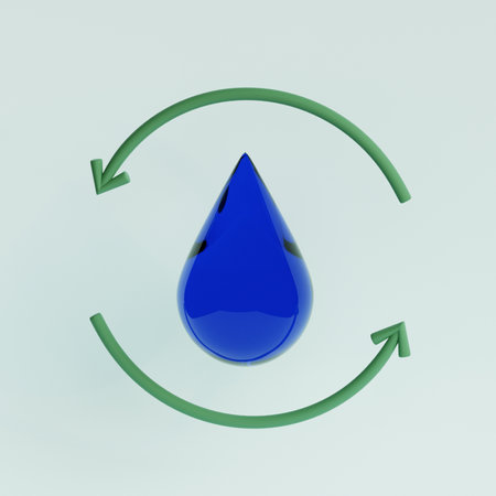 Glass water drop with green arrows around. Renewable natural resource, water recycling, ecology concept. 3d render illustrationの写真素材