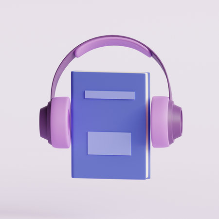 Book and headphones in cartoon style. Concept of listening audiobooks. 3d render illustrationの写真素材