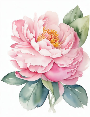 Watercolor peony on white backgroundの写真素材