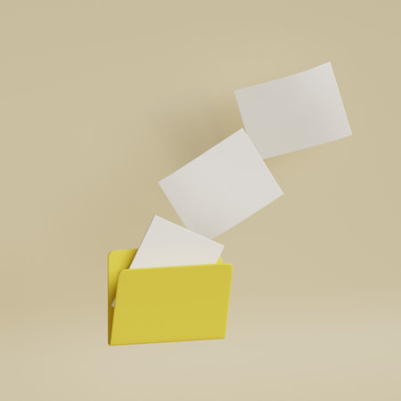 Yellow computer folder with flying blank documents. Copy files. 3d render illustration