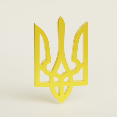 Golden Trident national symbol of Ukraine. Ukrainian National Emblem. 3d render illuatrationの写真素材