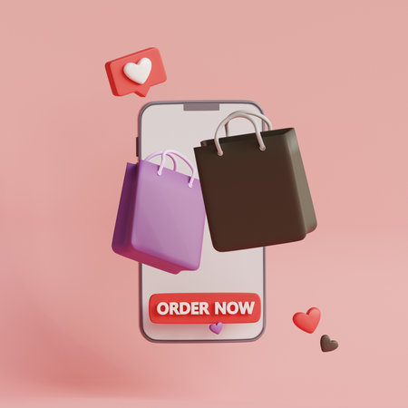 Smartphone with shopping bags. online shopping concept. 3d render illustration