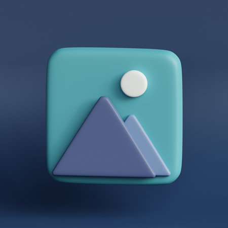 Gallery icon, images, photos, videos. Picture, jpg file, photo icon. Mountains and sun. 3d render illustrationの写真素材