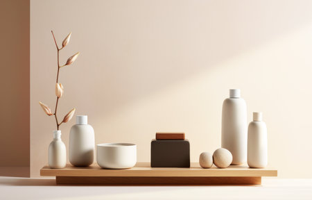 Elevate your routine with a Zen-like display of skincare products, fostering tranquility and simplicity for radiant beautyの素材