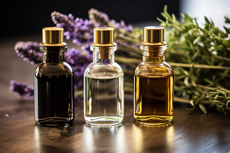 An assortment of essential oil bottles with fresh plants. Skinimalism and nature beauty conceptの素材