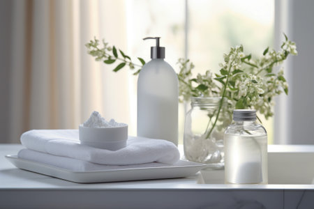 Skinimalism or skin minimalism concept.Set of spa cosmetics, towel and branch of greenery.  Beauty treatment items setting in spa center in white roomの素材