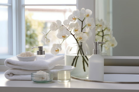 Skinimalism or skin minimalism concept.Set of spa cosmetics, towel and branch of greenery.  Beauty treatment items setting in spa center in white roomの素材