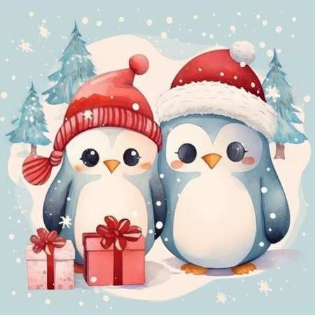 Watercolor Christmas cute penguins with giftsの素材