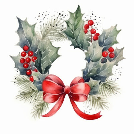 Retro christmas wreath watercolor. Invitation card, banner design.の素材