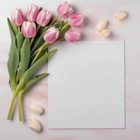Greeting, invitation card with bouquet of tulips, mockup, white blankの素材