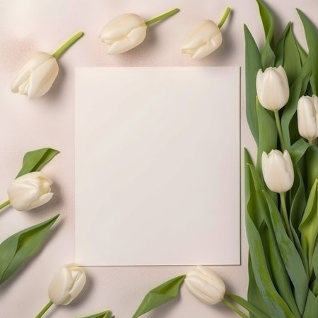 Greeting, invitation card with bouquet of tulips, mockup, white blankの素材