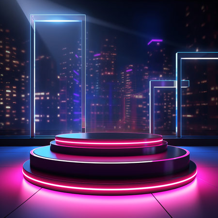 sleek podium bathed in vibrant neon light against a bustling cityscape backdrop. Ideal for showcasing products in a trendy, urban settingの素材