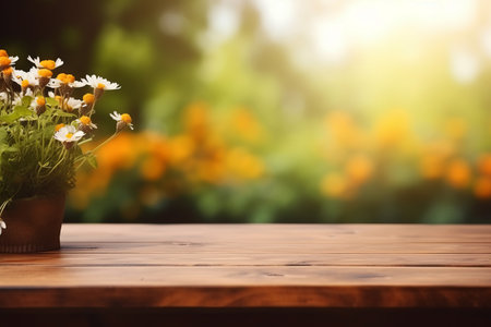 Empty wooden table top, texture board, on a blurred background of an flower gardenの素材