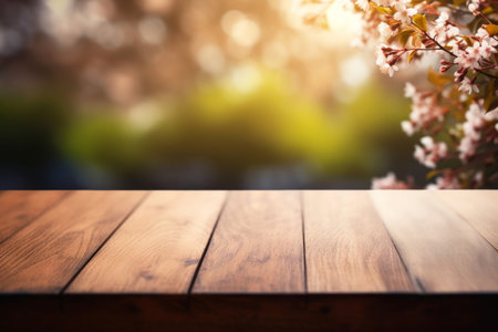 Empty wooden table top, texture board, on a blurred background of an flower gardenの素材