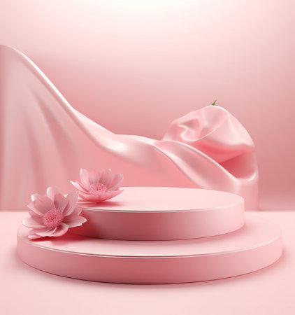 Minimal pink product podium with petals falling for beauty, cosmetic product presentationの素材