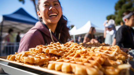 Waffle festival, showcasing a diverse array of waffle creations from different cultures, Include the vibrant atmosphere and smiling facesの素材