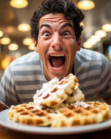 Waffle tasting session. The expressions of delight as individuals savor different waffle varietiesの素材