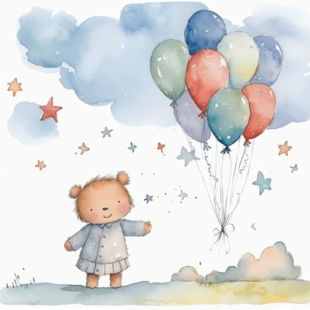 Celebrate a child's special day with this enchanting watercolor card, infused with a touch of retro nostalgiaの素材