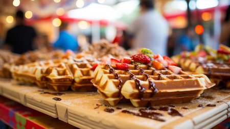 Waffle festival, showcasing a diverse array of waffle creations from different cultures, Include the vibrant atmosphere and smiling facesの素材
