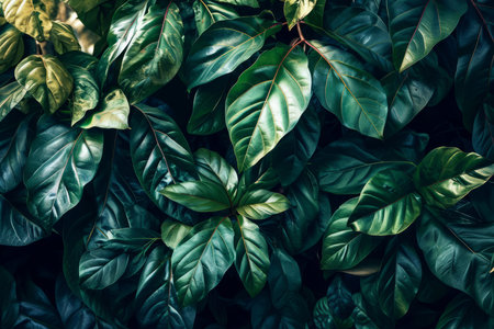 Green leaves on dark background, enigmatic tropicsの素材
