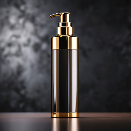 Cosmetic bottle mockup with pump rendered on dark backgroundの素材
