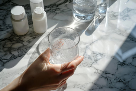 Skinvestment. Human holds a glass of water, vitamins, pills located on a marble tabletopの素材