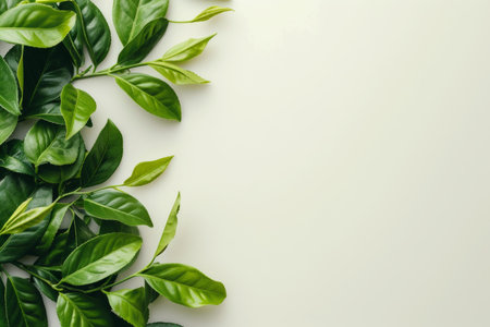 Green tea leaves background with copy spaceの素材