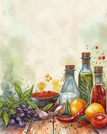 Charming watercolor recipe background with ample copy space, perfect for food blogs, cookbook covers, and culinary websites.の素材