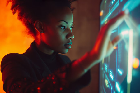 Dynamic image of an Afro-American businesswoman pressing high-tech buttons on a virtual background, symbolizing innovation and digital technology. Ideal for technology blogs, business presentations, and corporate marketing materials.の素材