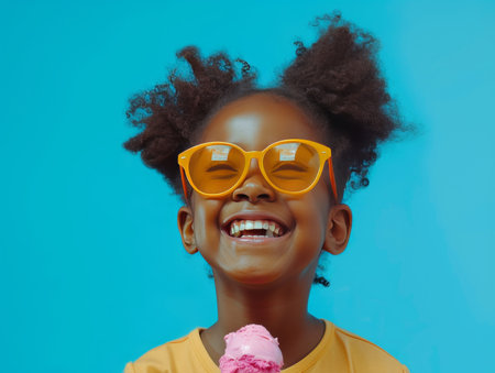 Charming image of a 7-year-old Afro-American girl joyfully eating an ice cream cone, radiating happiness and innocence. Ideal for capturing the joy of childhood and appealing to audiences interested in diverse and relatable imagery.の素材