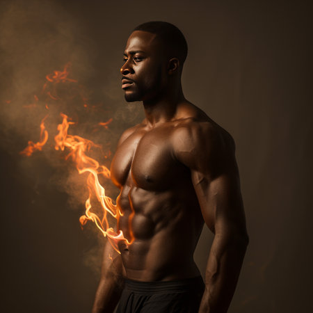 Image featuring an Afro-American man with a pumped-up physique, surrounded by burning fat, symbolizing weight loss and fitness progress. Ideal for health and fitness blogs, workout programs, and motivational content.の素材