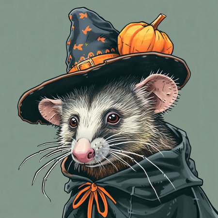 Quirky sticker featuring an opossum in costume, adding humor and charm to any surface. Perfect for laptops, phone cases, and notebooks. Ideal for animal lovers, Halloween enthusiastsの素材