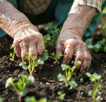 A touching image of elderly hands tending to fertile soil in a garden bed. Perfect for gardening guides, organic farming promotions, or illustrating the joys of gardening in springの素材