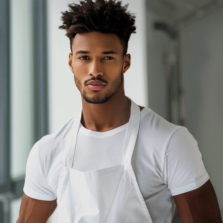 Handsome Afro-American man in a white apron, ideal for promoting cooking workshops, chef training programs, or culinary eventsの素材