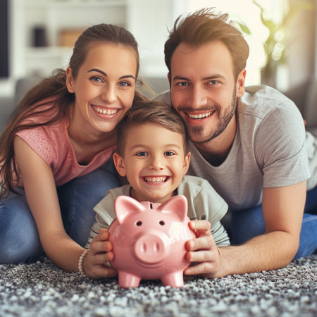 Happy family saving for the future with a piggy bank. Ideal for financial planning websites, family budgeting guides, or banking advertisements.の素材