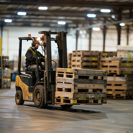 Forklift in action, transporting pallets. Suitable for logistics companies, warehouse management guides, or industrial equipment promotions.の素材