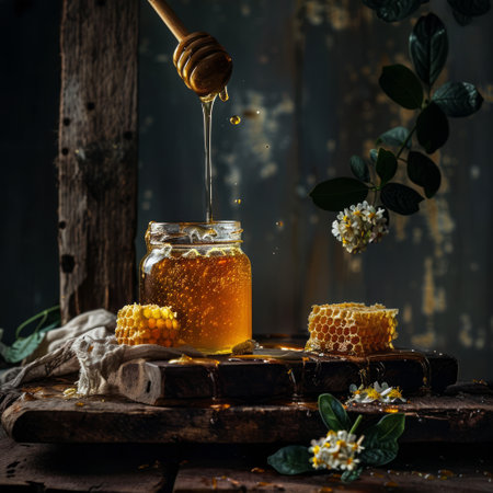 Pouring honey into a jar beside a honeycomb on a table. Ideal for organic food promotions, honey product packaging, or cooking websites.の素材