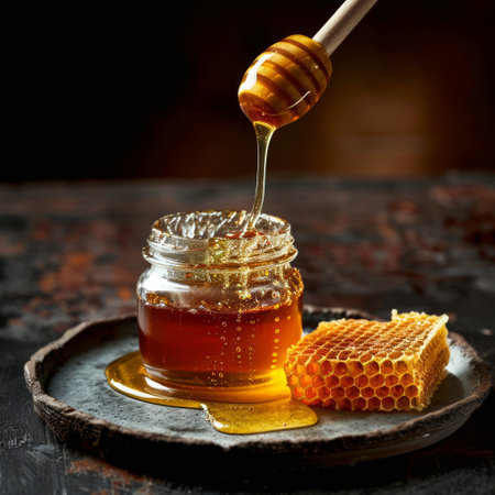 Honey being poured into jar next to honeycomb on table. Perfect for food blogs, natural product advertisements, or culinary presentationsの素材