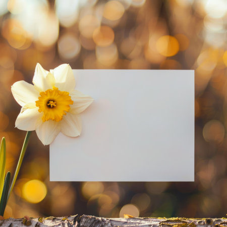 Prominent daffodil in focus, with blurred background and ample text space for advertising mockups, seasonal promotions, or floral-themed graphics.の素材