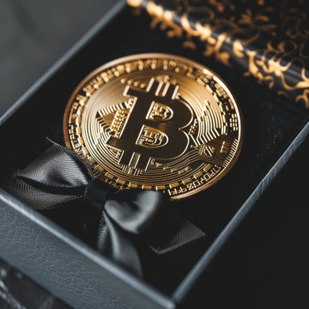Stylish presentation of a bitcoin in a luxurious gift box, perfect for cryptocurrency holiday promotions, fintech advertisements, or digital asset marketing campaignsの素材