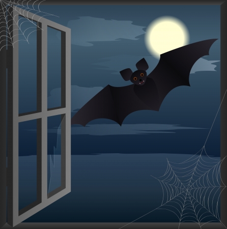 Bat flies toward the open window abandoned house  Halloween backgroundのイラスト素材