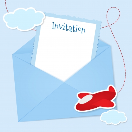 Blue invitation card with clouds and airplane stickers のイラスト素材