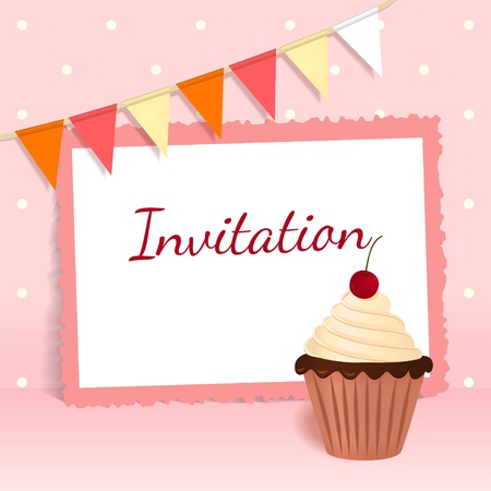 Festive vector card with cherry cream cake, flags and frame  Can be used for greeting card, invitation, menu, cover   のイラスト素材