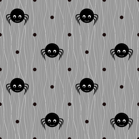 Seamless pattern with cute spiders and threads over gray backgroundのイラスト素材