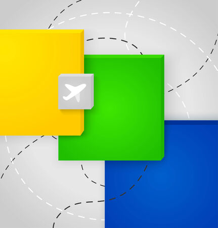Vector overlapping squares in Brazil flag color. Travel concept with airplane. Can be used in cover design, book design, website background, CD cover, advertising.のイラスト素材