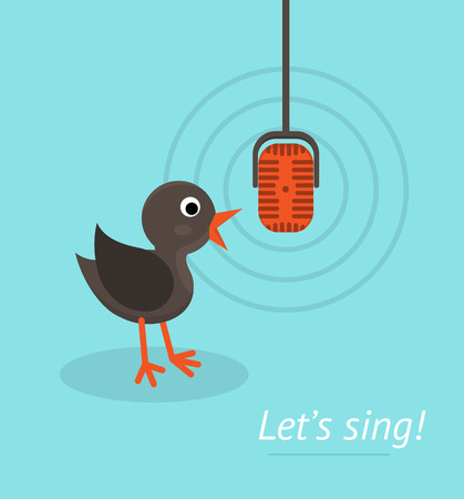 Music concept with microphone and singing bird. Banner for karaoke, parties, music lessons and etc. Flat design style.のイラスト素材