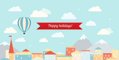 Air balloon in the cloudy sky, flying over the city. Flat vector illustration.のイラスト素材